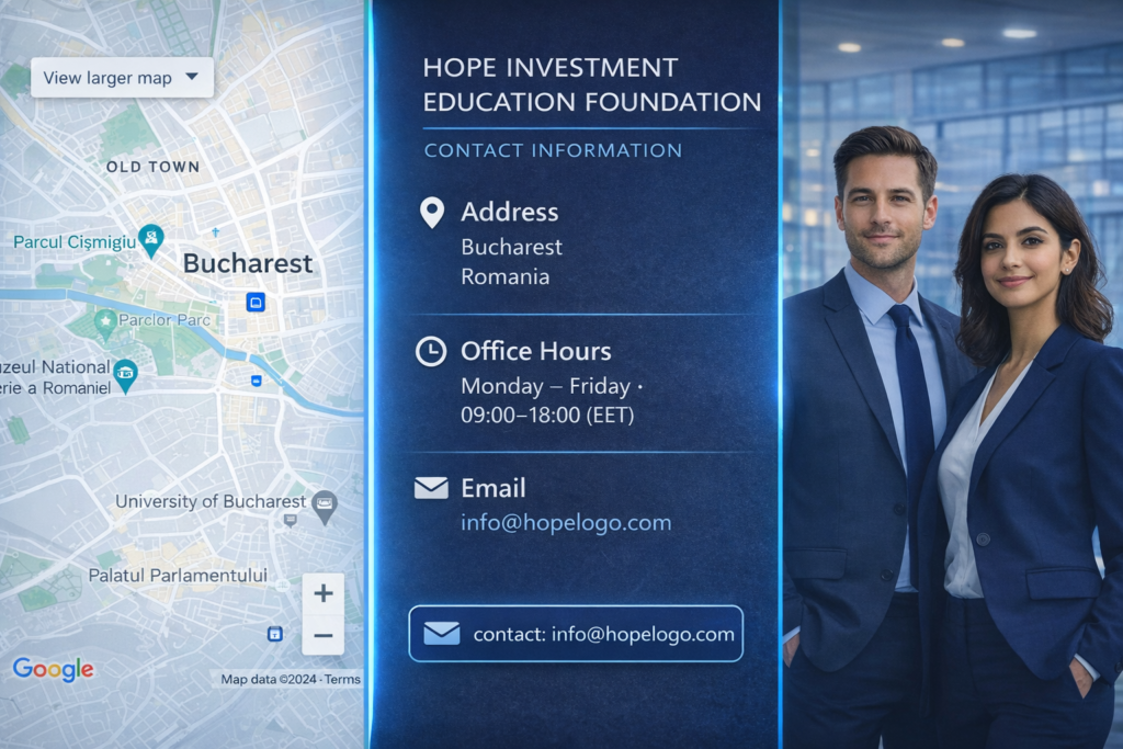 Hope Investment Education Foundation contact page image featuring Bucharest map, contact information, and professional team in corporate office setting